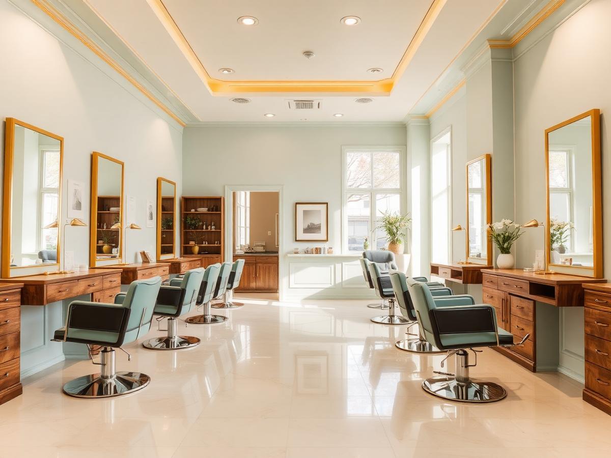 Interior del salón Guapas con tonos pastel y detalles dorados
